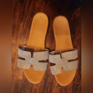 Mari A Thrilling Crystal Elegant Tan and Silver Women's Slides